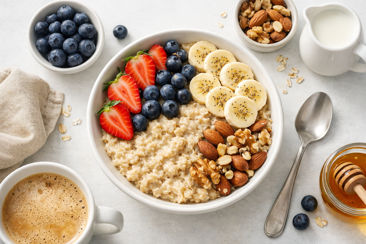 Healthy breakfast bowl with oatmeal, fresh berries, nuts and banana slices on a clean white kitchen table, natural morning light, top view, realistic food photography