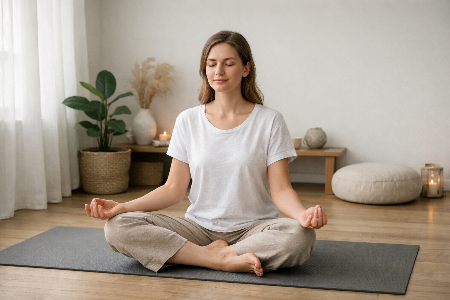 Peaceful woman meditating in a quiet room with soft natural light, sitting cross-legged on a yoga mat, serene atmosphere, minimalist interior, calm expression, realistic lifestyle photography